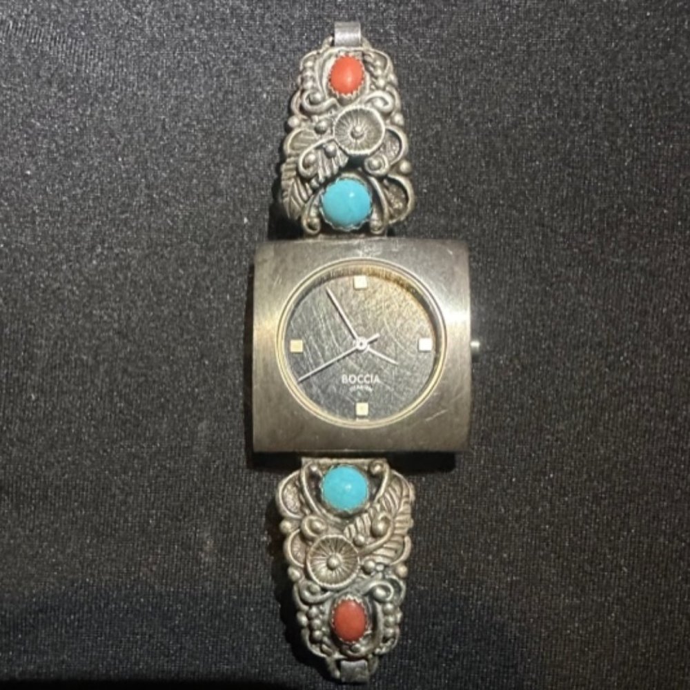Sterling Silver Turquoise and Coral Watch Band with Boccia Face
